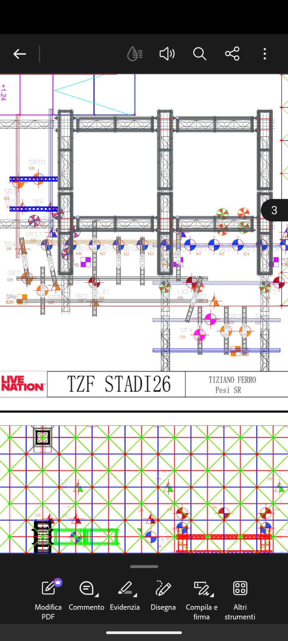 Layout CAD di progetto con pianta e griglia dei carichi.